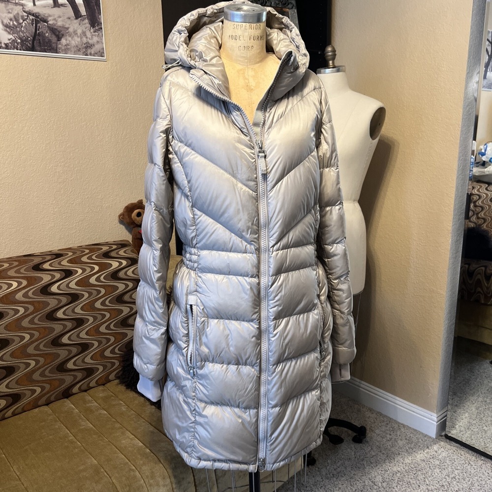 Athleta Puffer Goose Down Jacket Women's Sz L Beige 34" Length Hoodie New